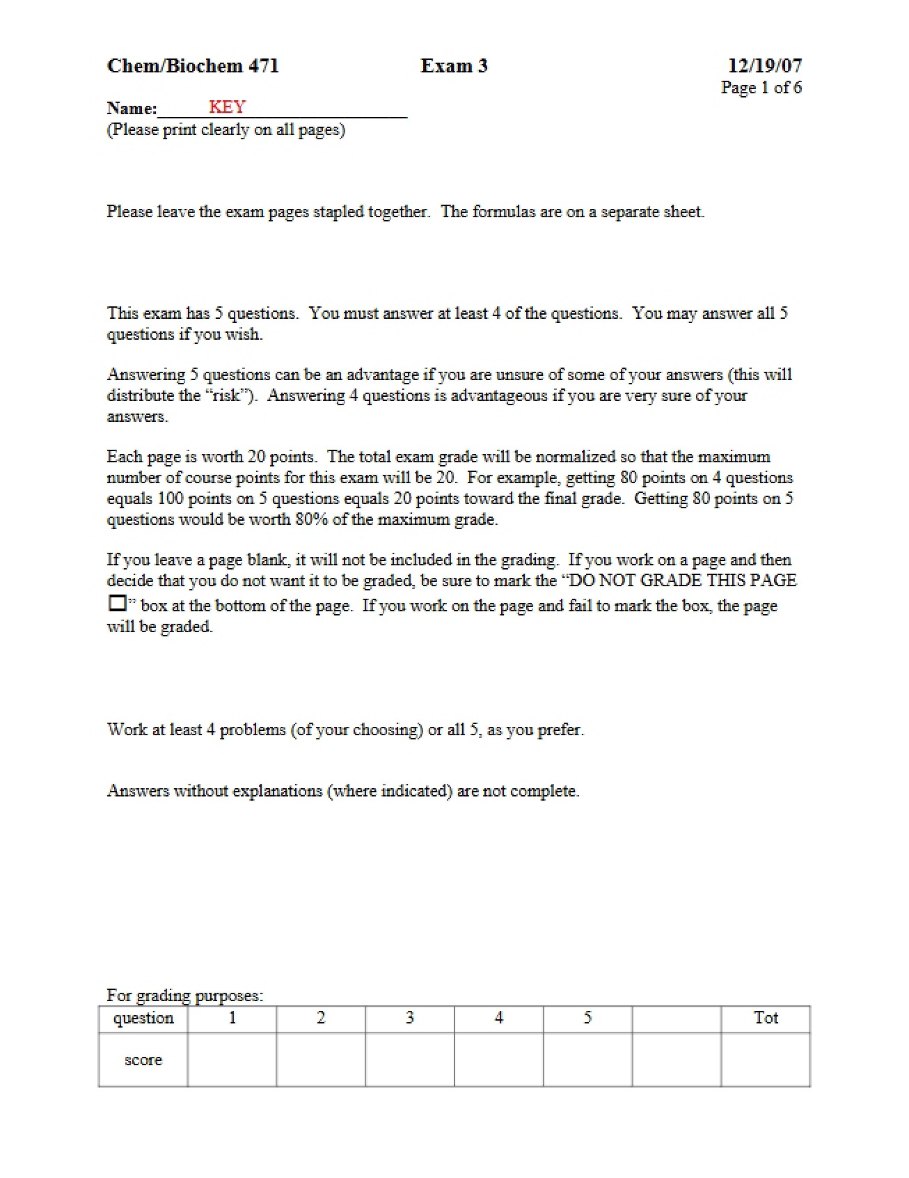 Answer Key for Exam