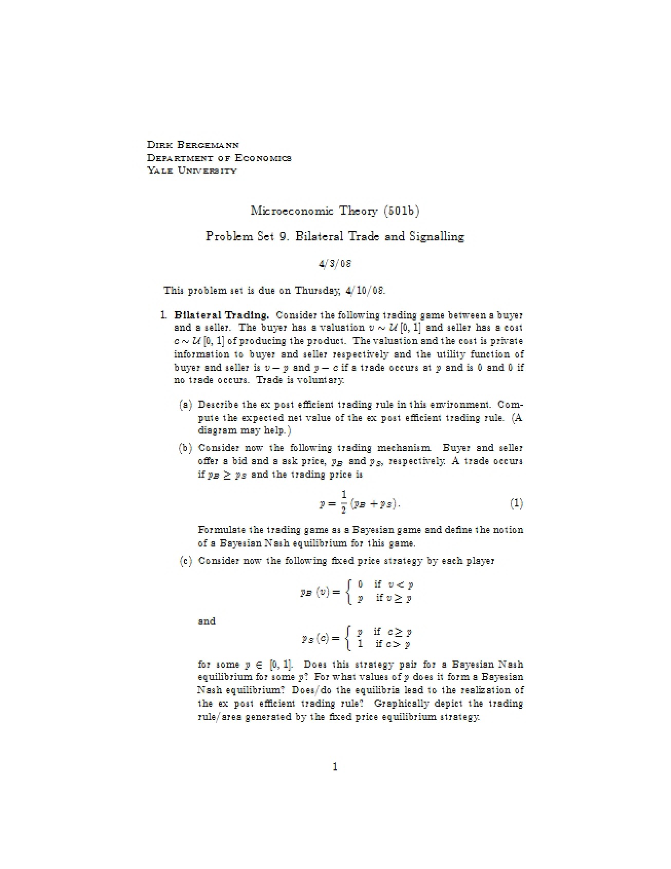 Signalling and Bilateral Trade (Set 9)