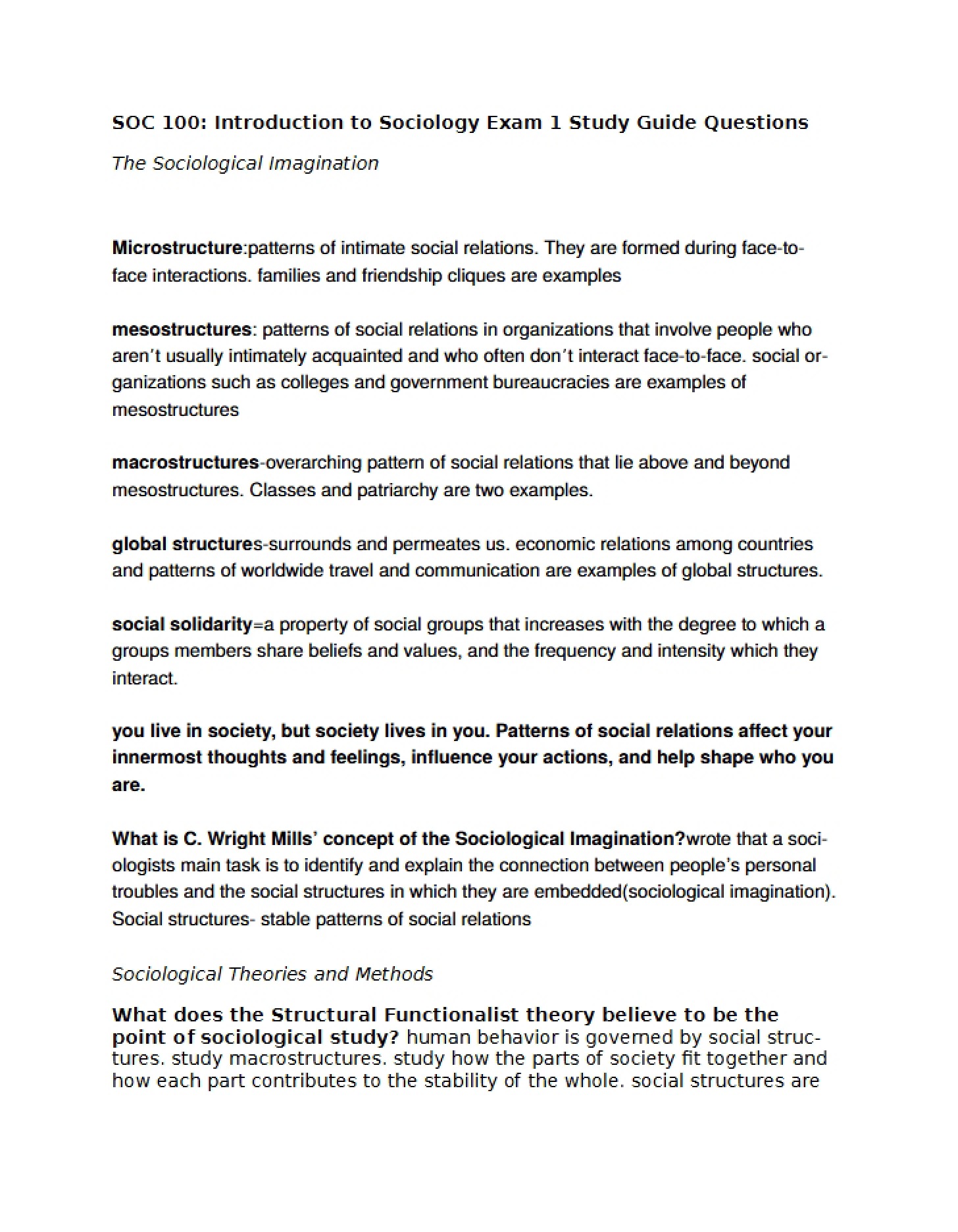 Lecture Study Guide Sociology
