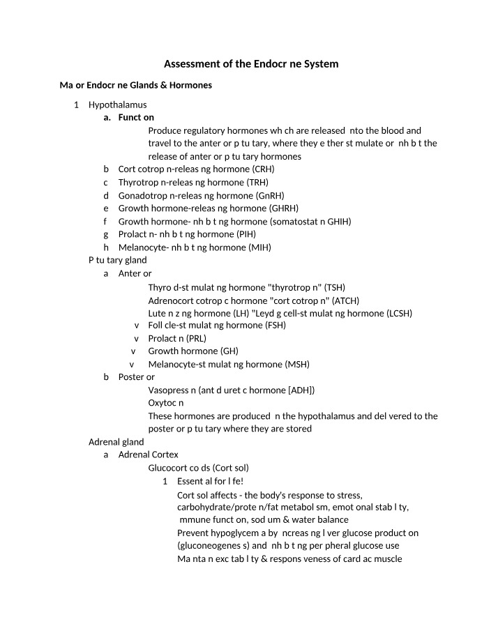 Endocrine System - Major Glands and Hormones Assessment