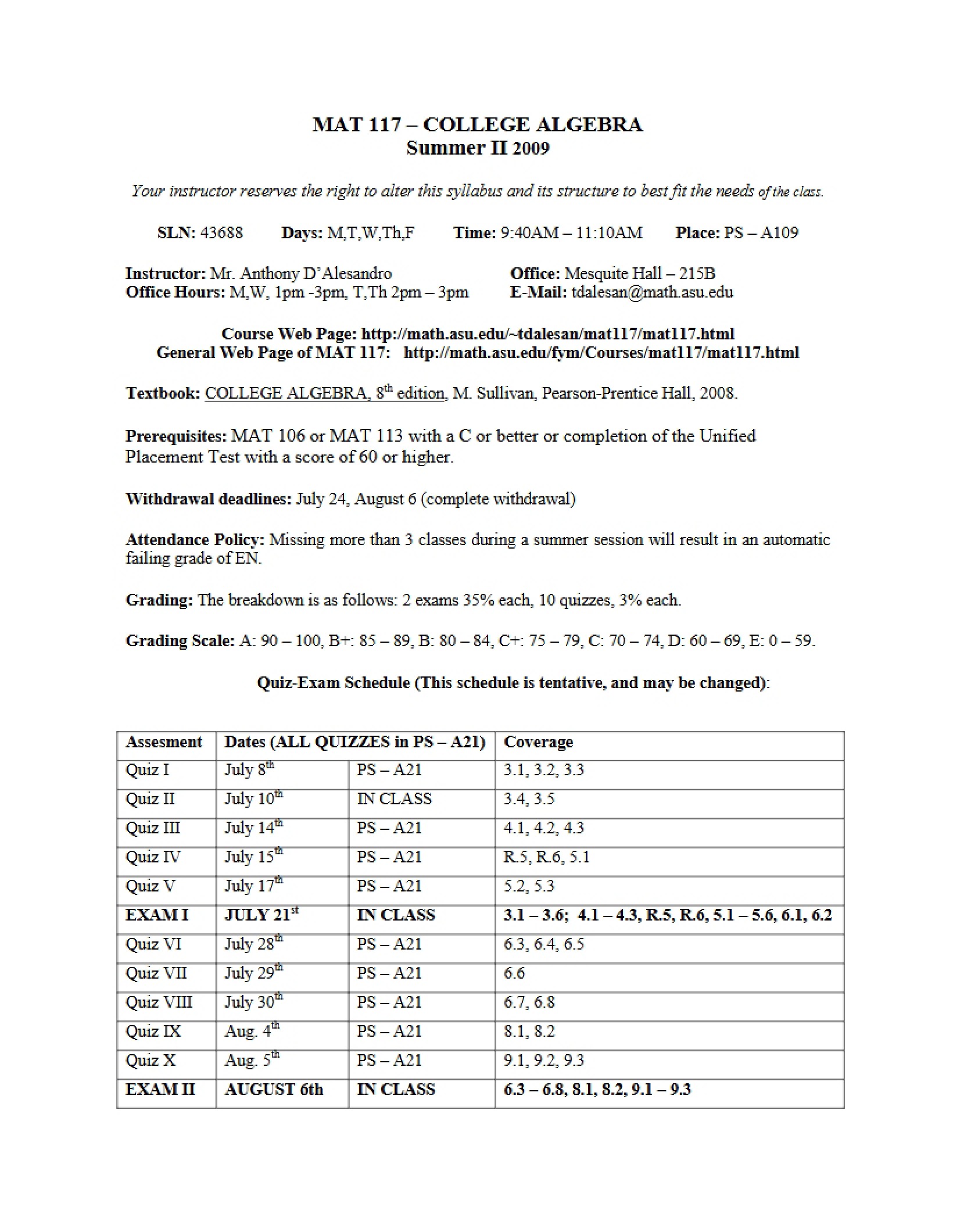 College Algebra Syllabus