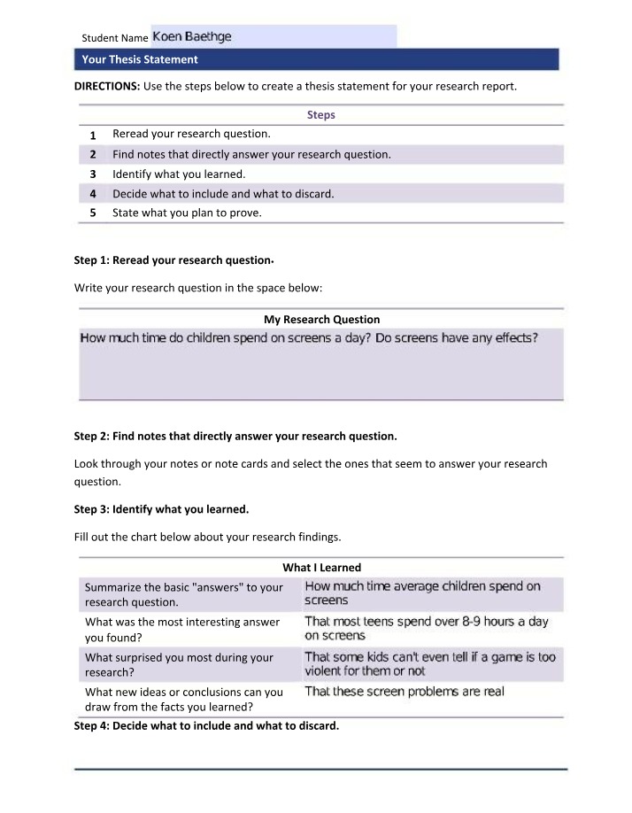 Worksheet for Thesis Statements