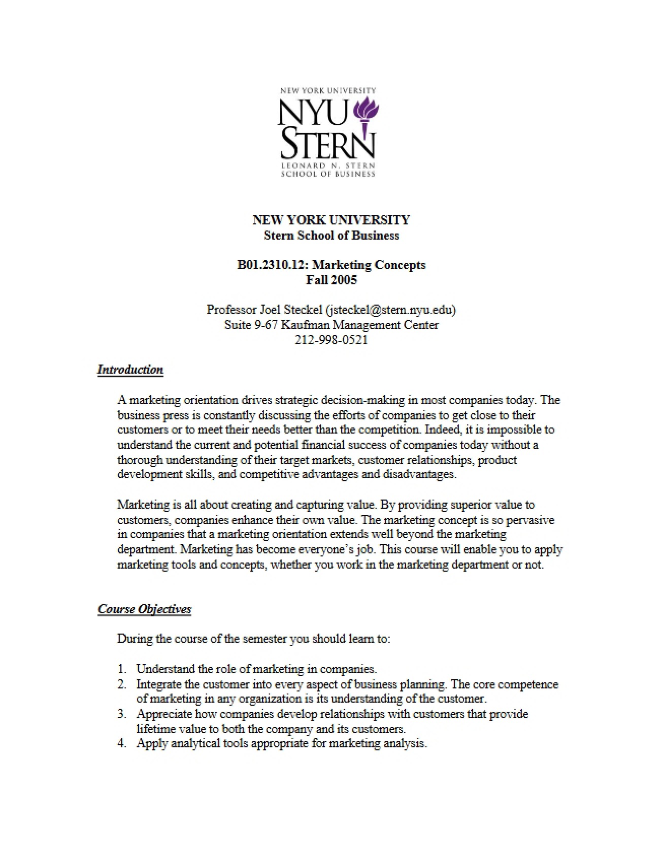 Marketing Concepts Course Outline