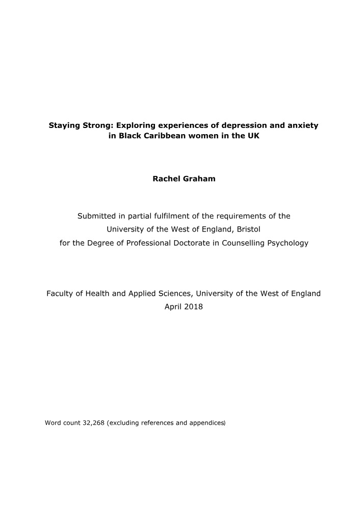 Depression and Anxiety Experiences in Black Caribbean Women in the UK