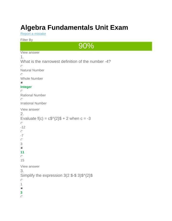 Algebra Fundamentals Unit Exam - Solving Equations