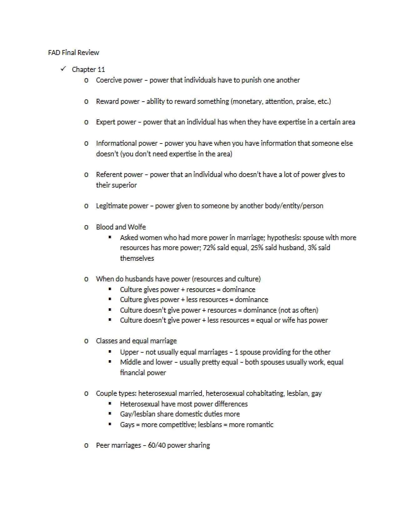 Final Review Materials for the Family Development Course