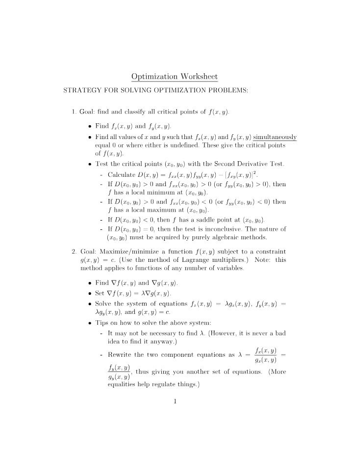 Worksheet on Optimization