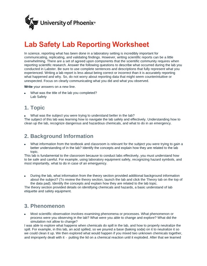 Worksheet for Lab Safety and Reporting