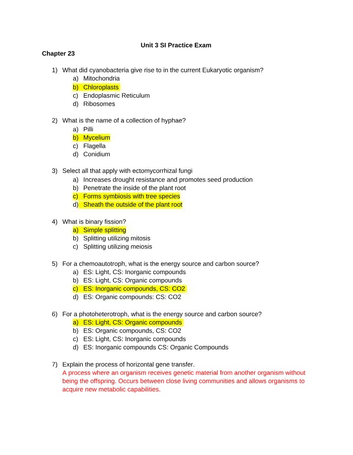 Cyanobacteria, Fungi, and Protists - Unit 3 SI Practice Exam