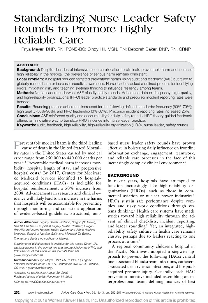 Standardizing Reliable Nurse Leader Safety Rounds