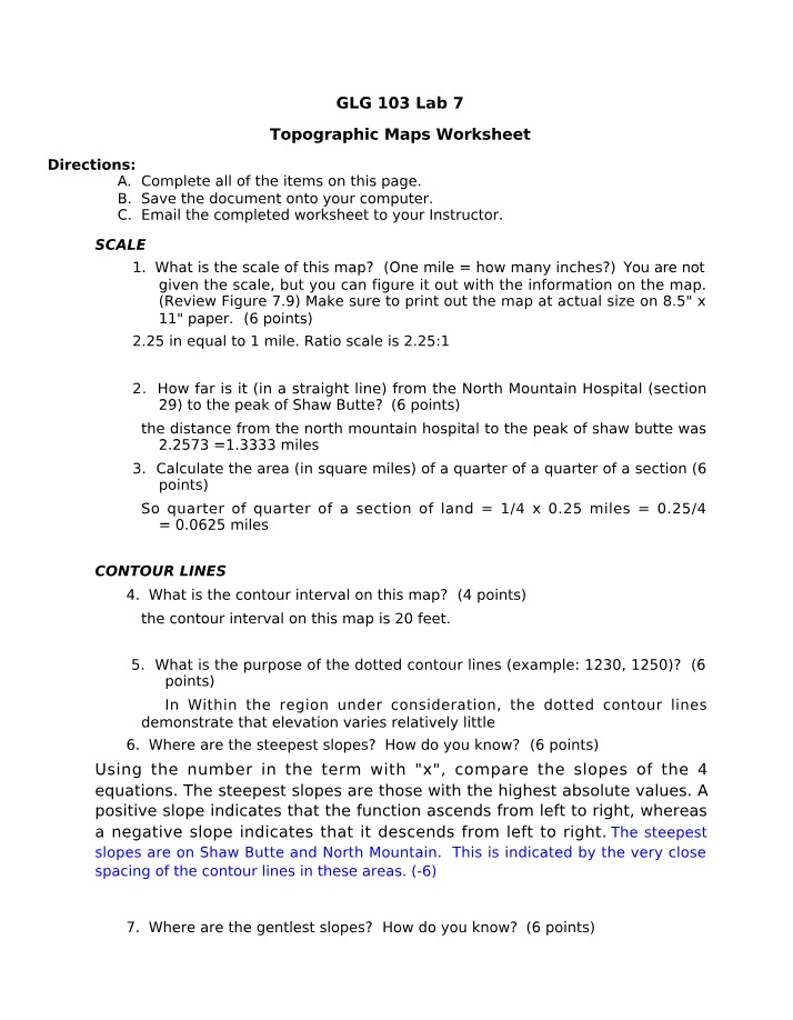 Topographic Map Worksheet - Scale, Contour Lines, and Location