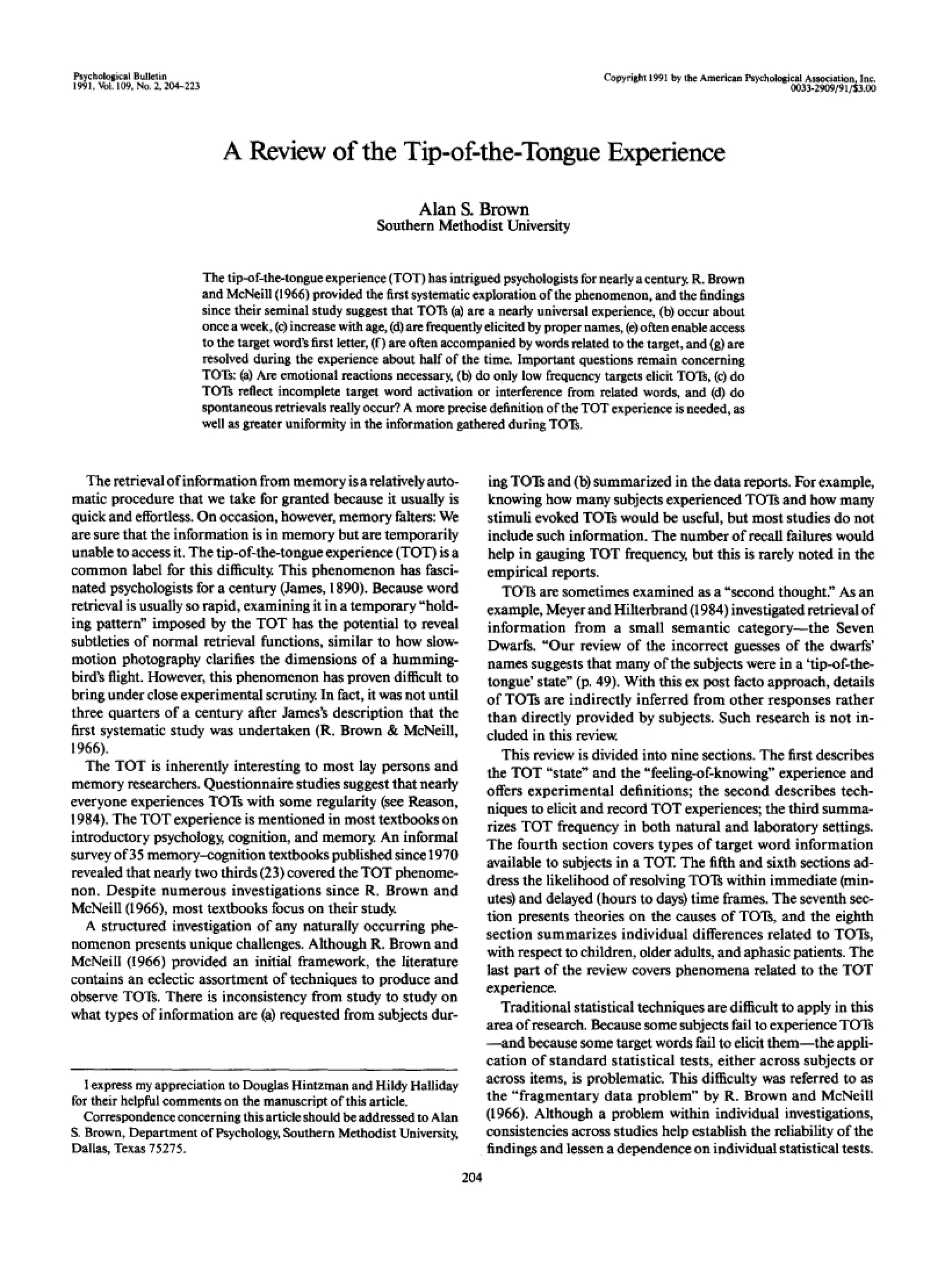 Tip-of-the-Tongue Phenomenon Review