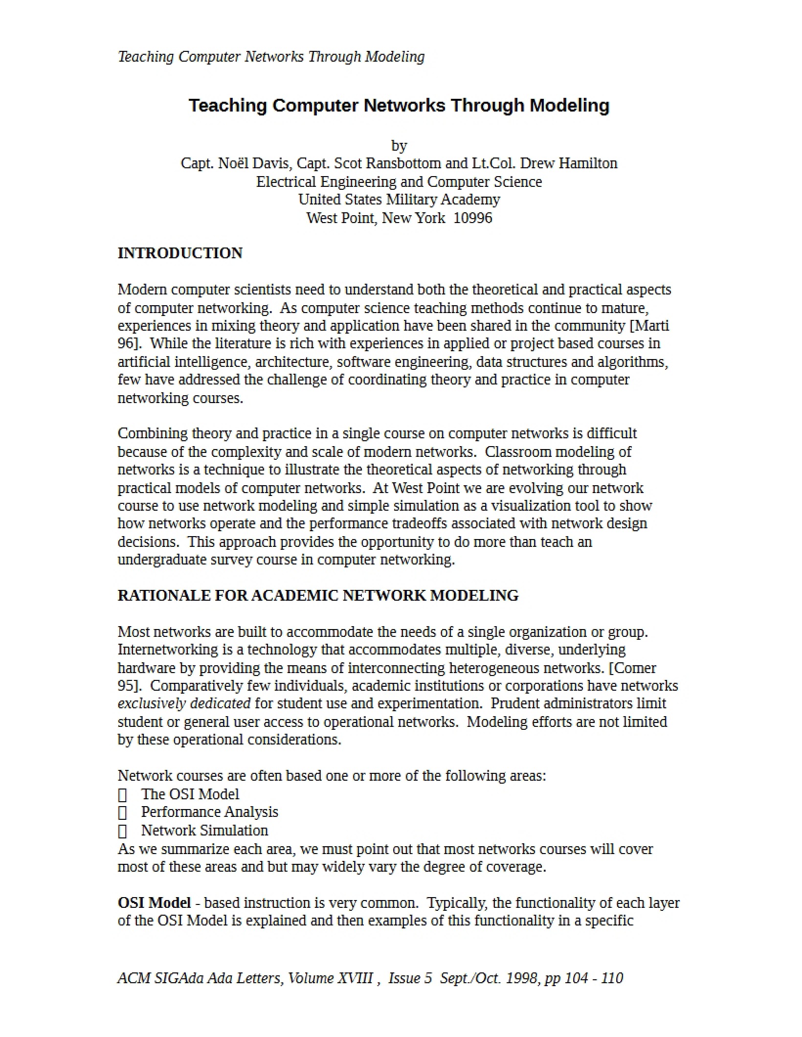 Modeling for Teaching Computer Networks