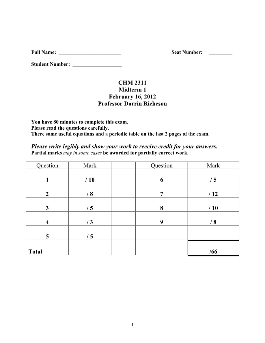 Midterm 1 for CHM 2311