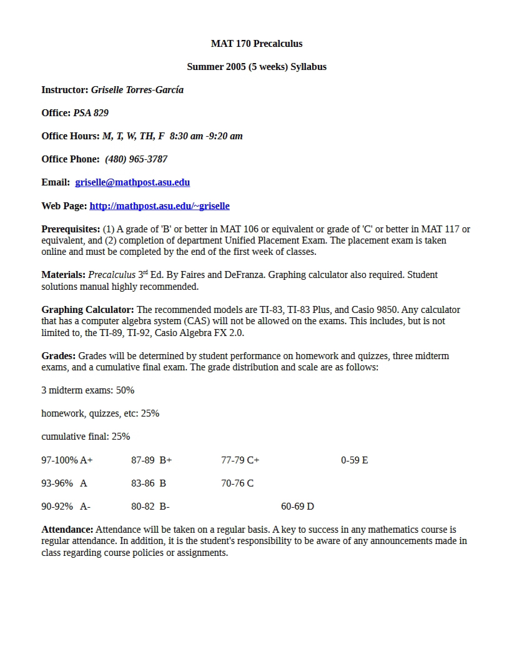 Precalculus Syllabus - 4 Pages