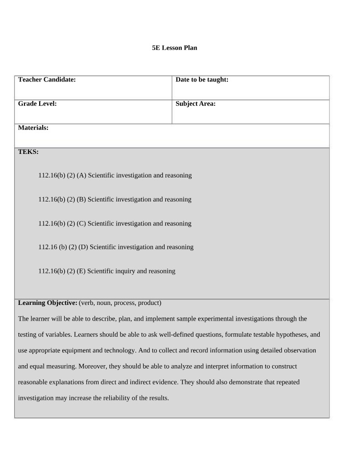 Scientific Investigation and Reasoning - 5E Lesson Plan