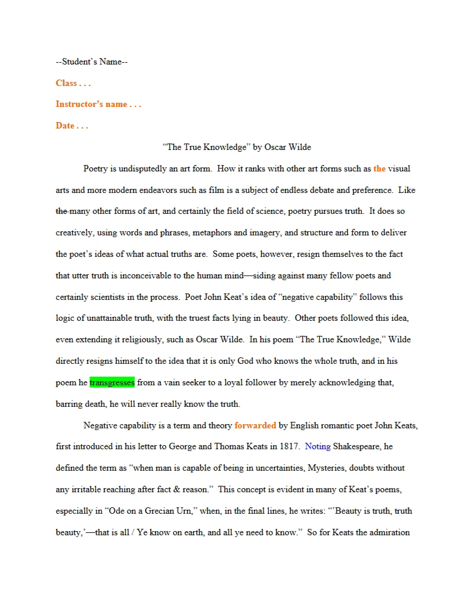 Oscar Wilde's The True Knowledge