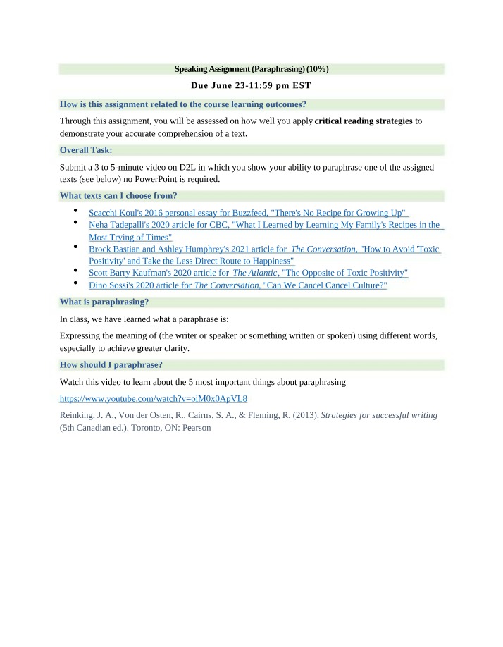 Paraphrasing Speaking Assignment (10%)