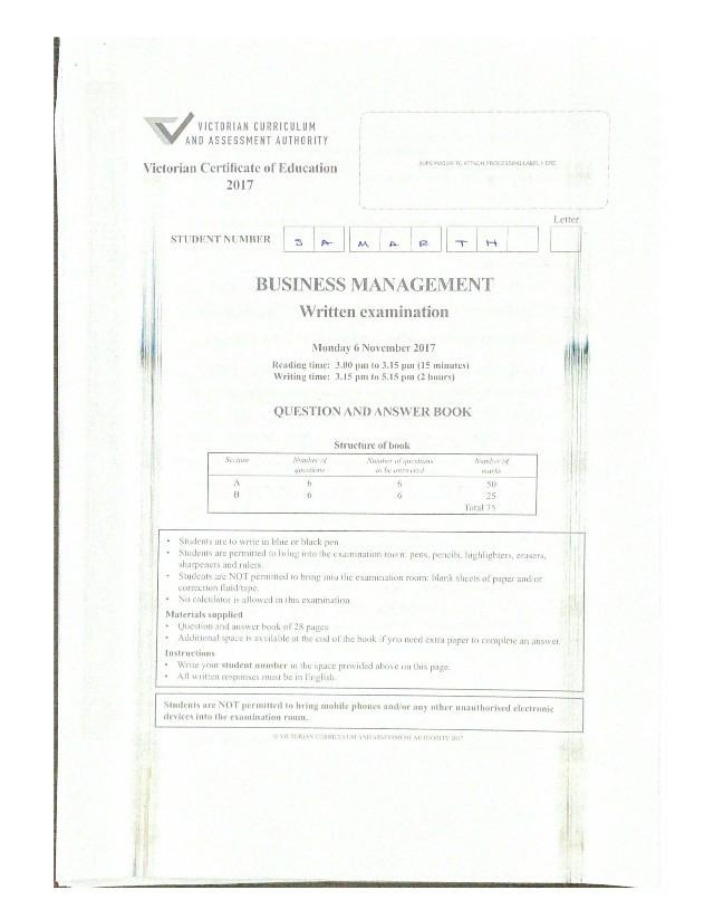 Written Examination for Business Management