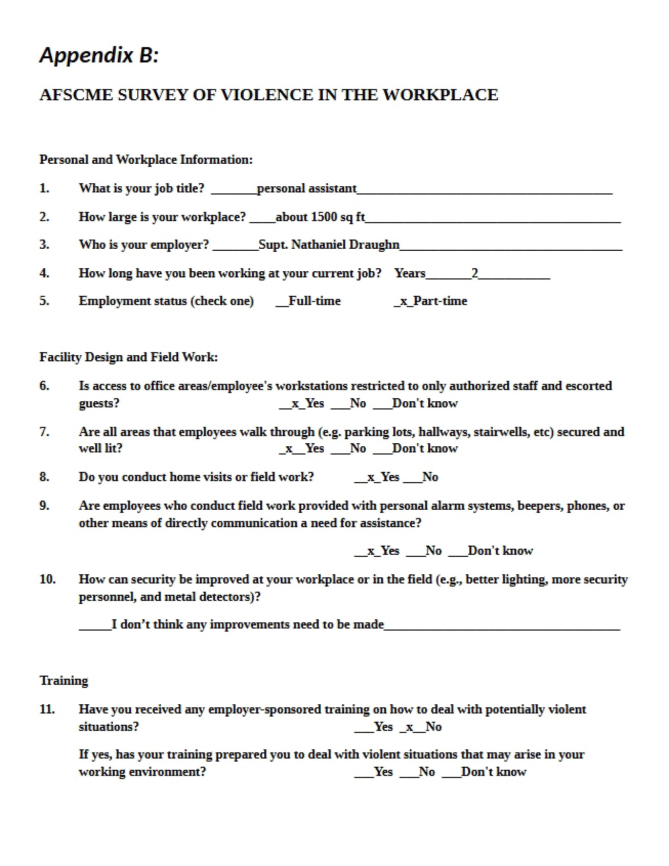 Appendix B Survey on Workplace Violence