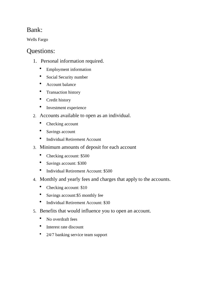Wells Fargo - Account Options and Personal Info