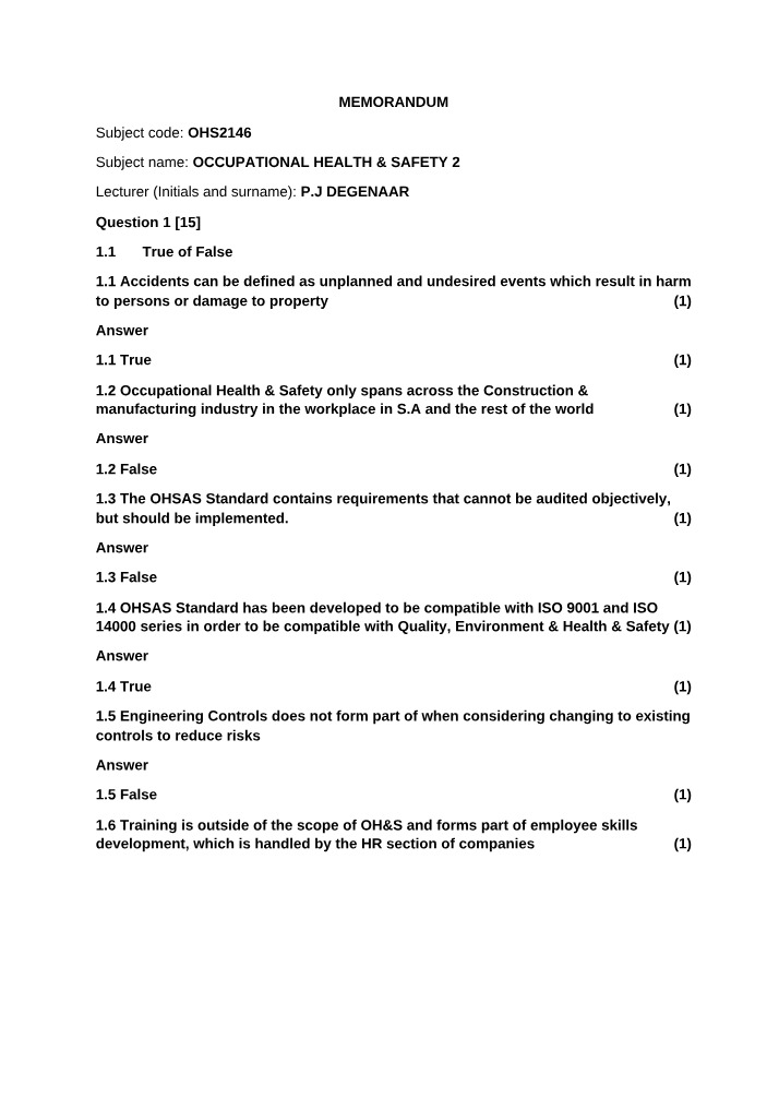 Occupational Health and Safety Definitions
