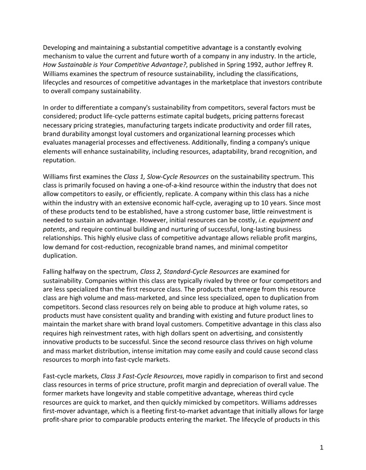 Analysis of Sustainable Competitive Advantage