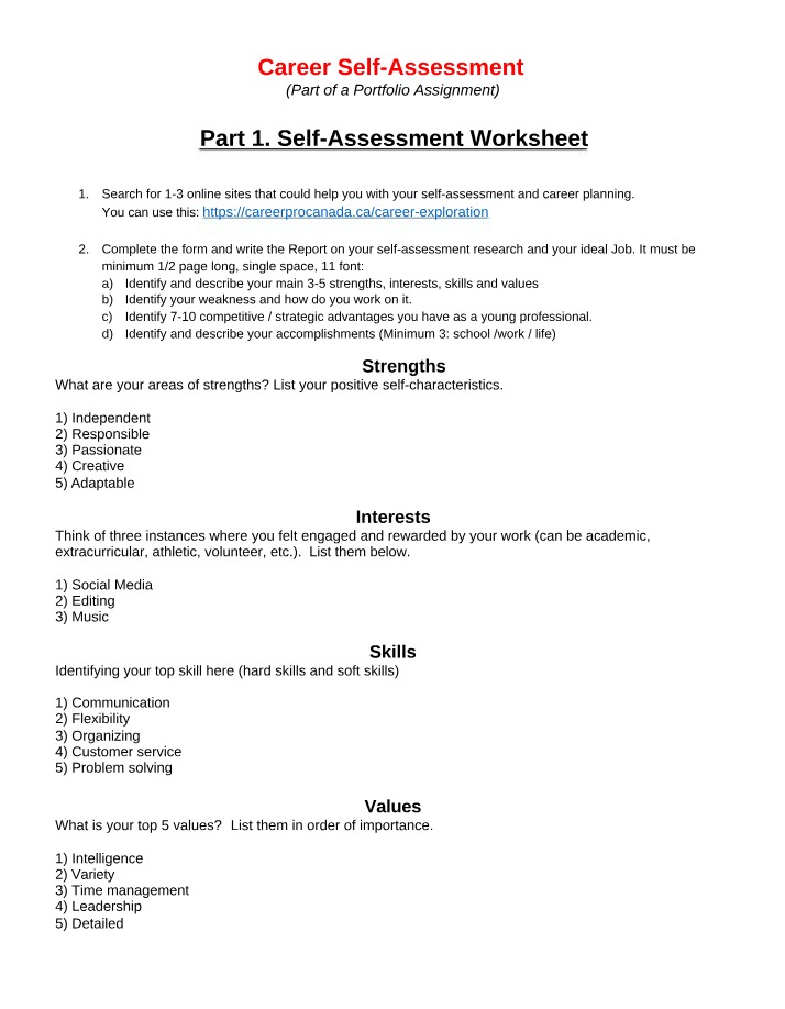 Worksheet for Career Self-Assessment Assignment