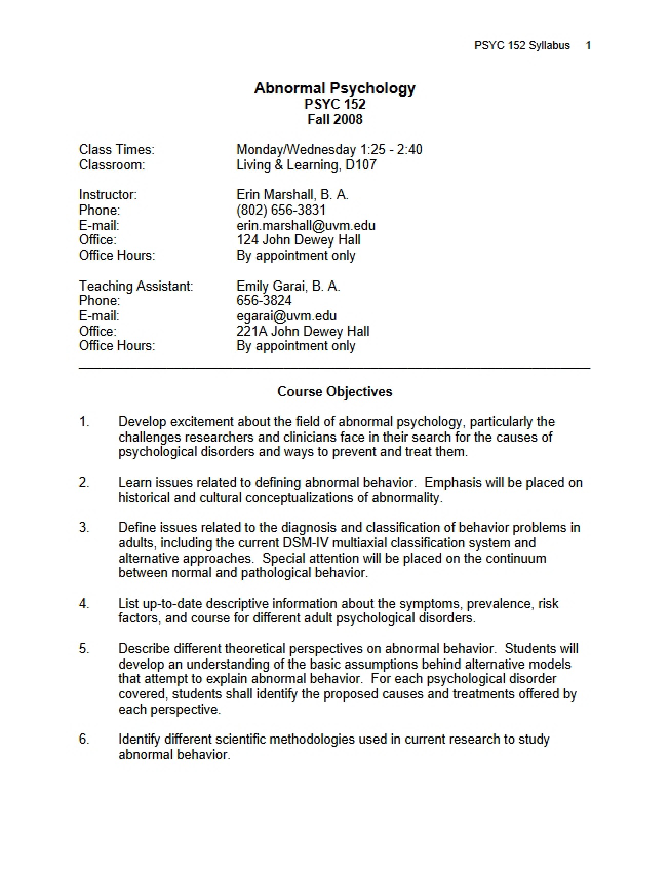 Syllabus for Abnormal Psych