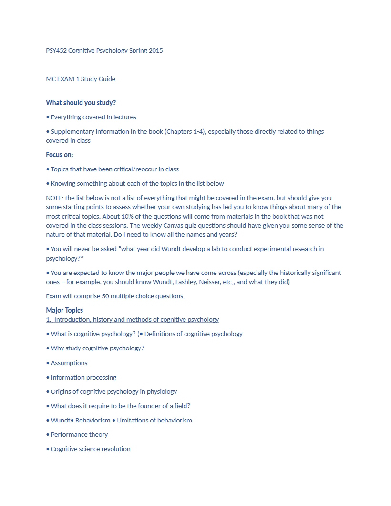 Study Guide for Exam 1