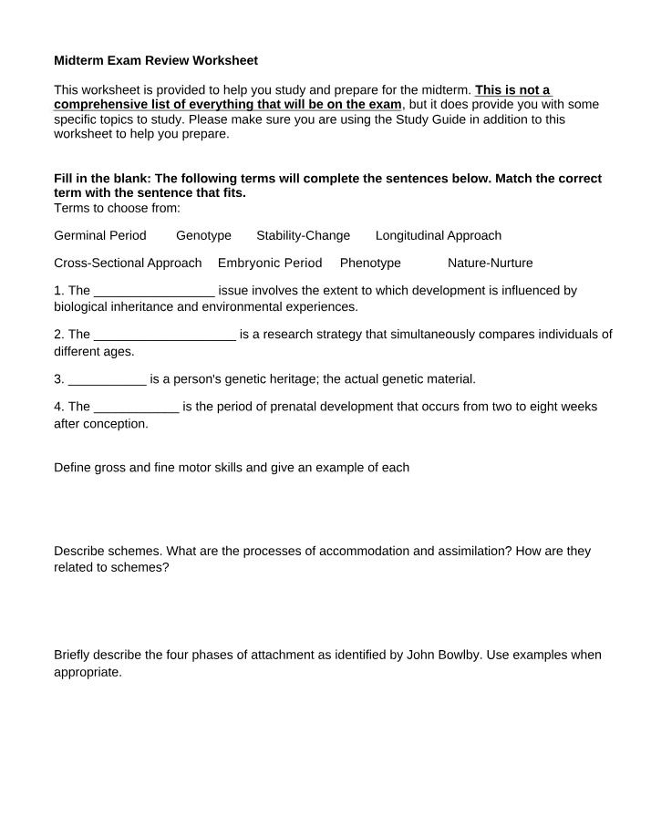 Review Worksheet for Midterm Exam