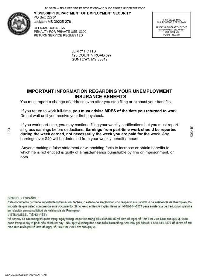 Monetary Benefit Determination Notice