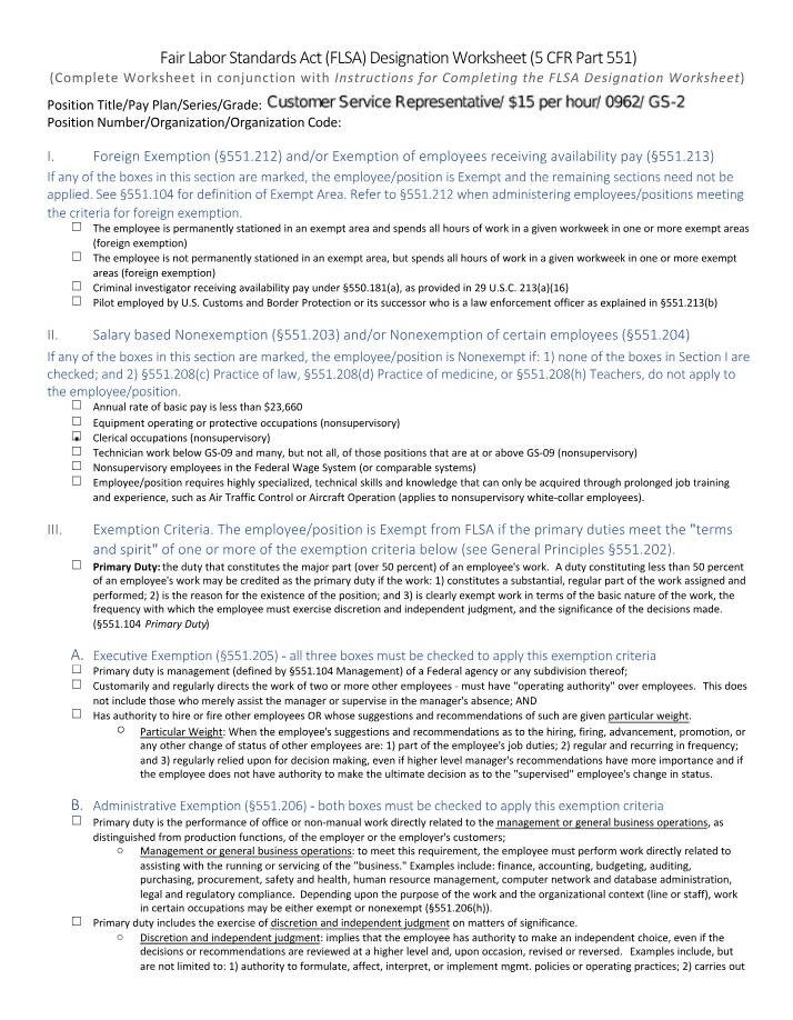 Worksheet for FLSA Designation