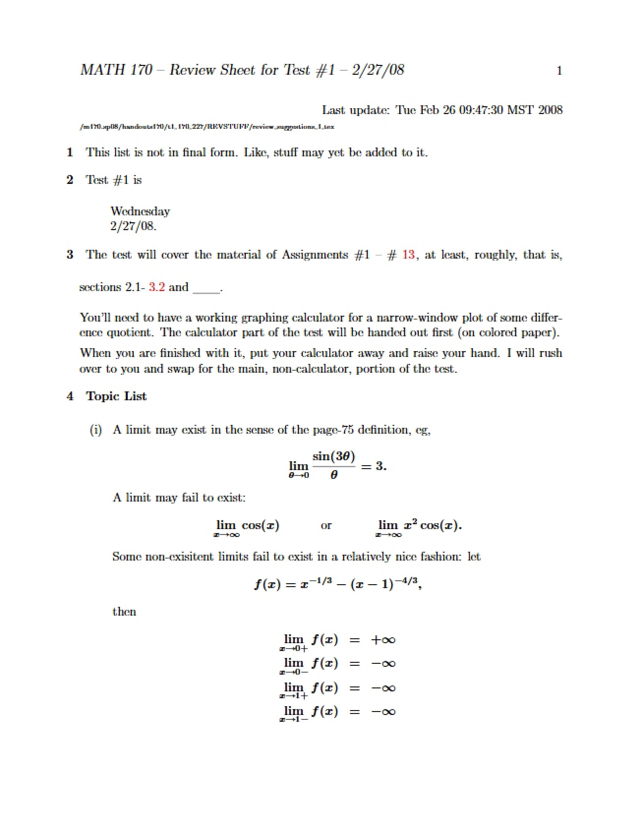 Review Sheet for the Calculus I Test