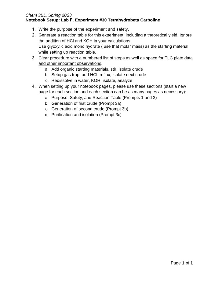Experiment 30 Tetrahydrobeta Carboline Notebook Setup