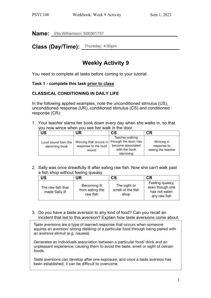 Week 9 Activity - PSYC100 Workbook