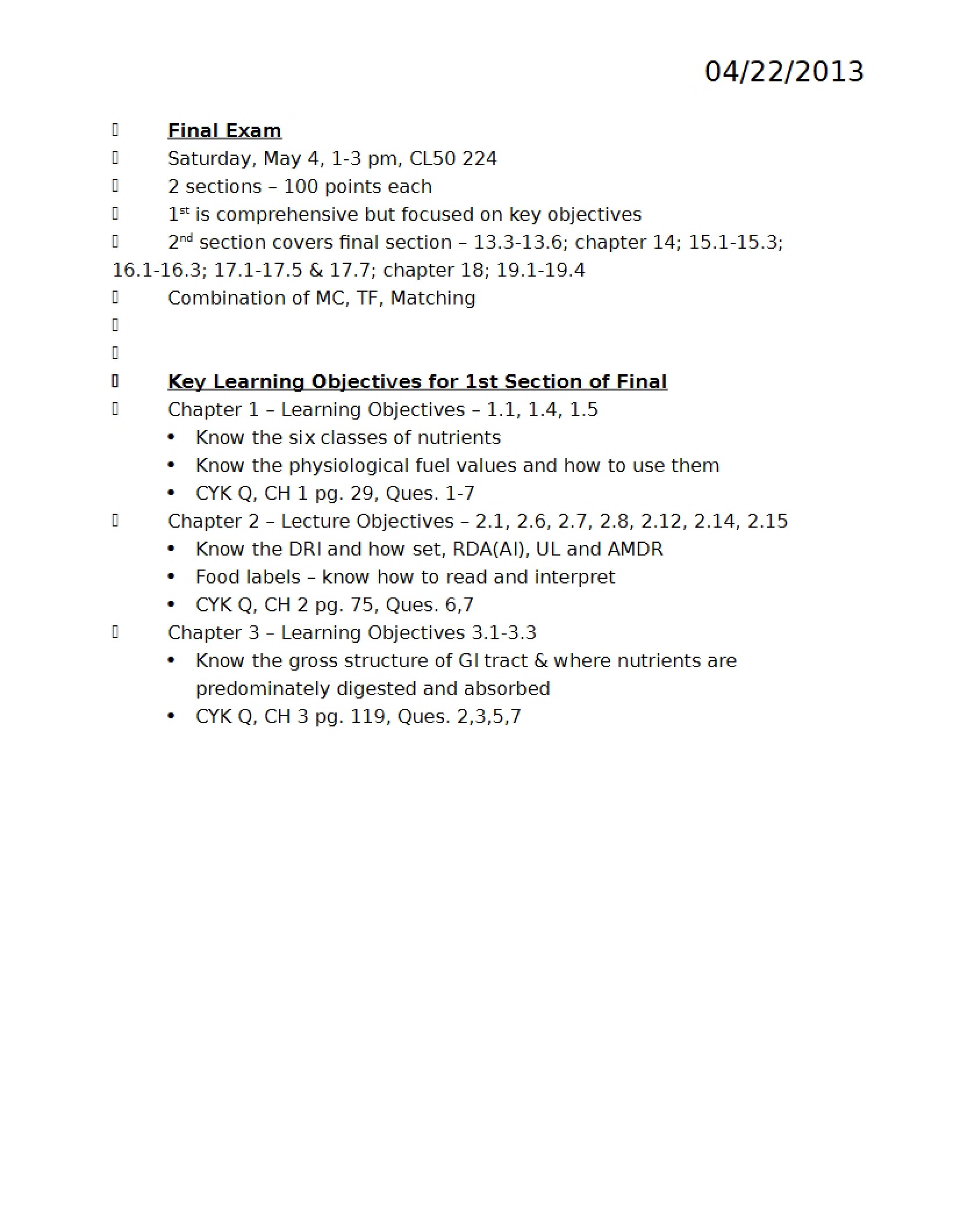 Nutrition Course Final Examination