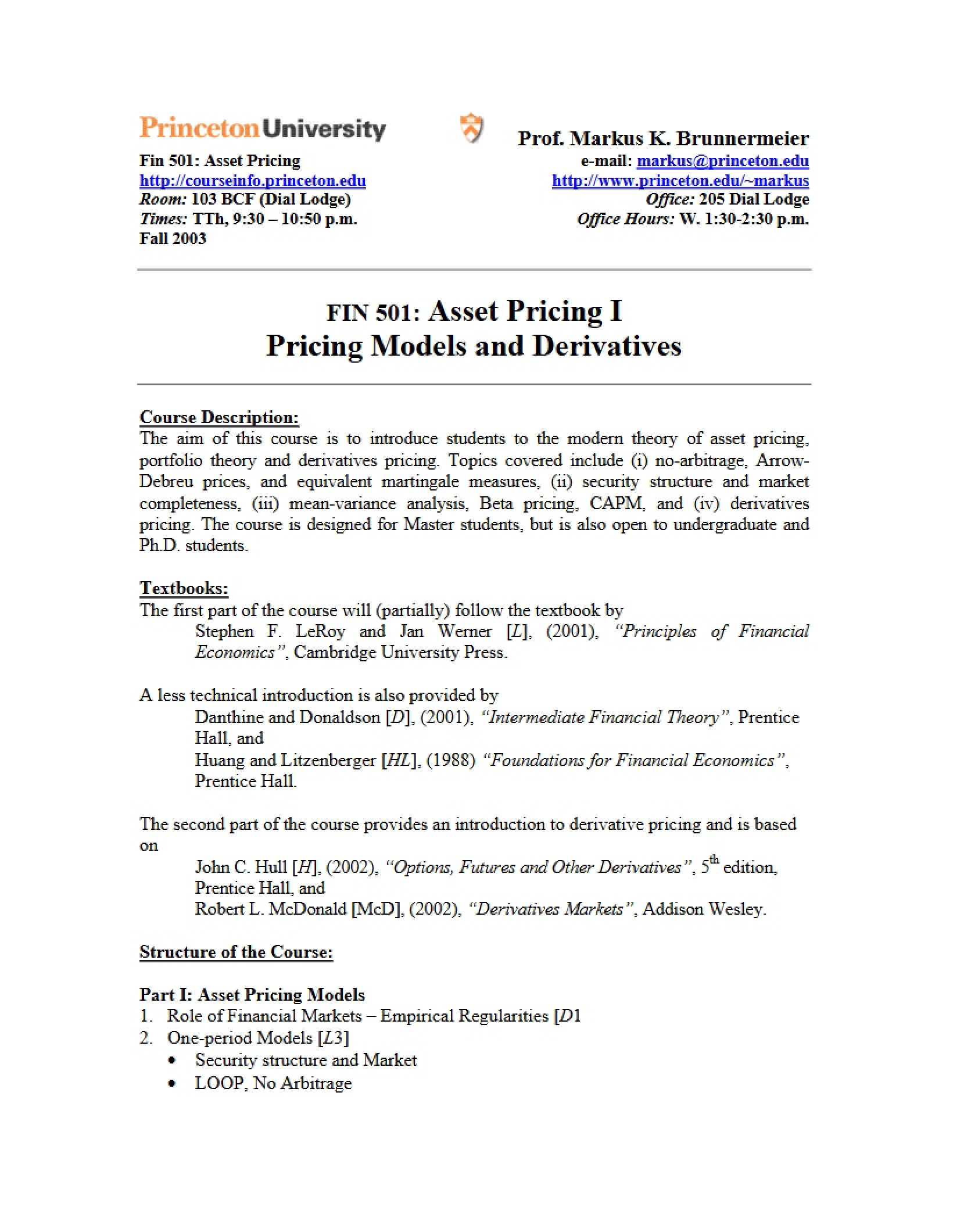 Asset Pricing Course Syllabus