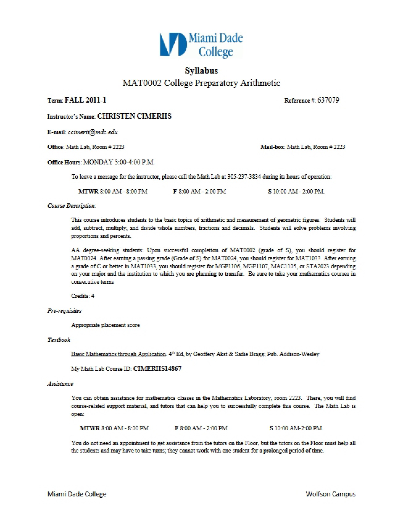 College Preparatory Arithmetic Syllabus - 6 Pages