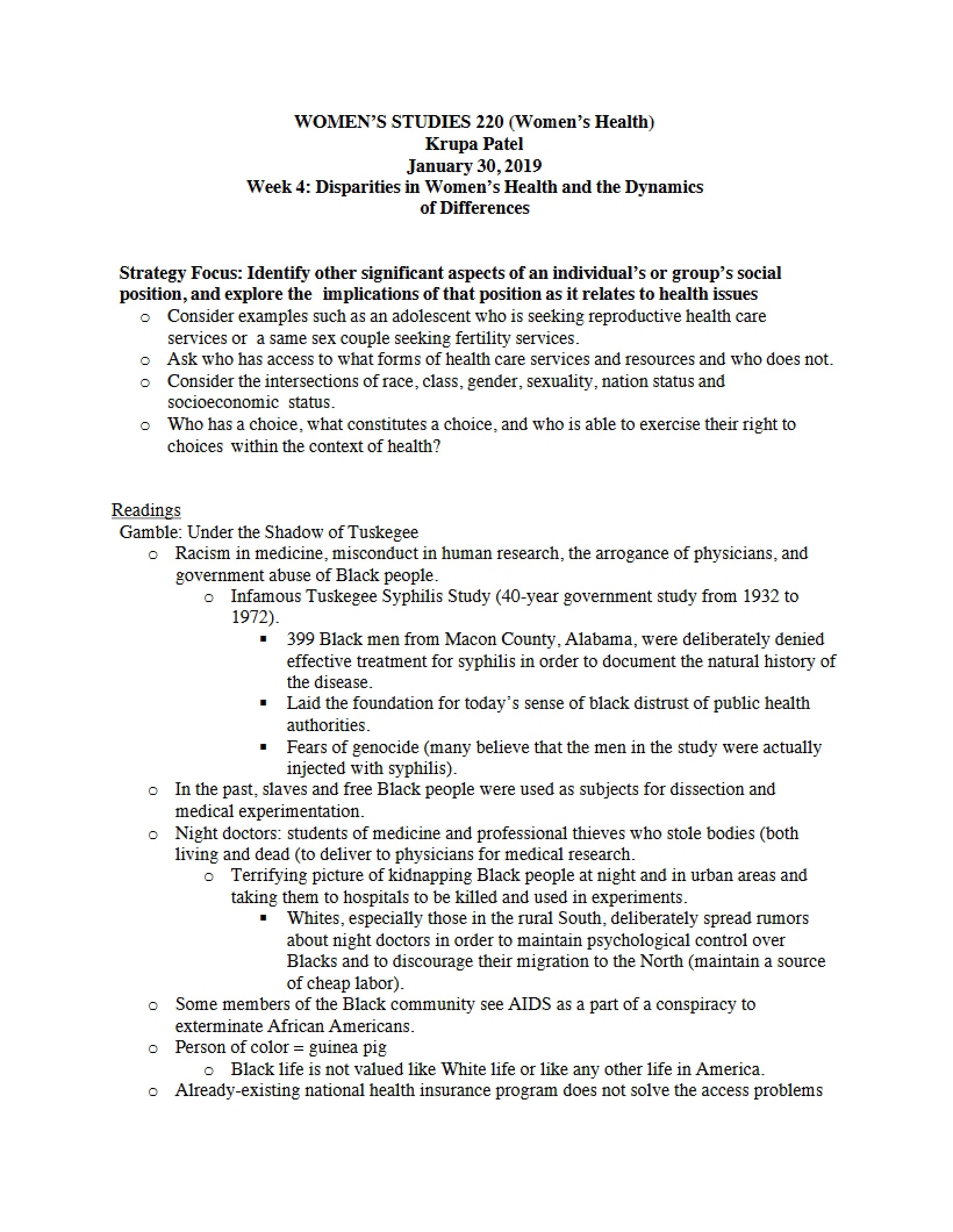 Dynamics of Differences and Health Disparities Week 4