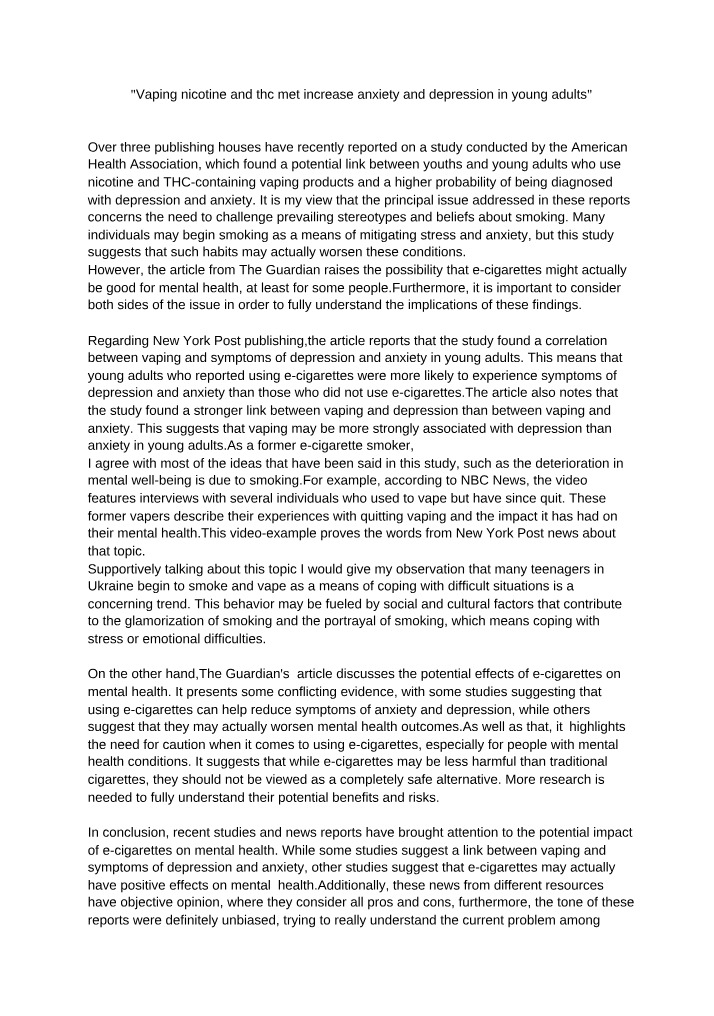 Mental Health Impact of Vaping Nicotine and THC on Young Adults