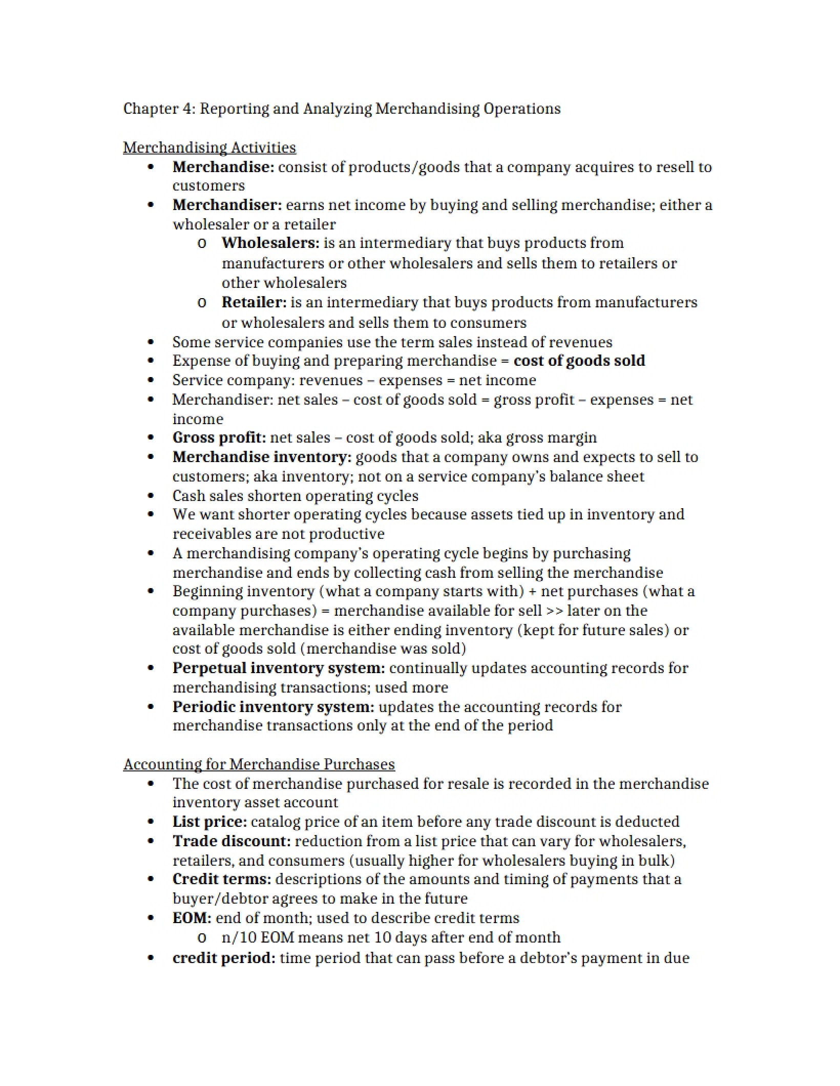Reporting and Analyzing Merchandising Operations Chapter 4