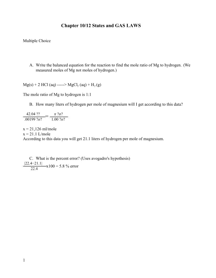 Balanced Equation and Mole Ratio for Mg to Hydrogen Reaction