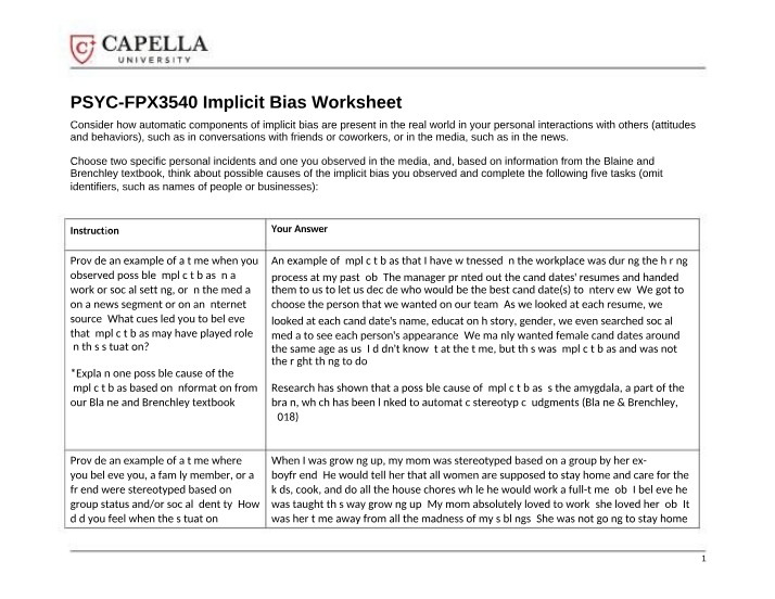 Implicit Bias Worksheet - NURSFPX3540
