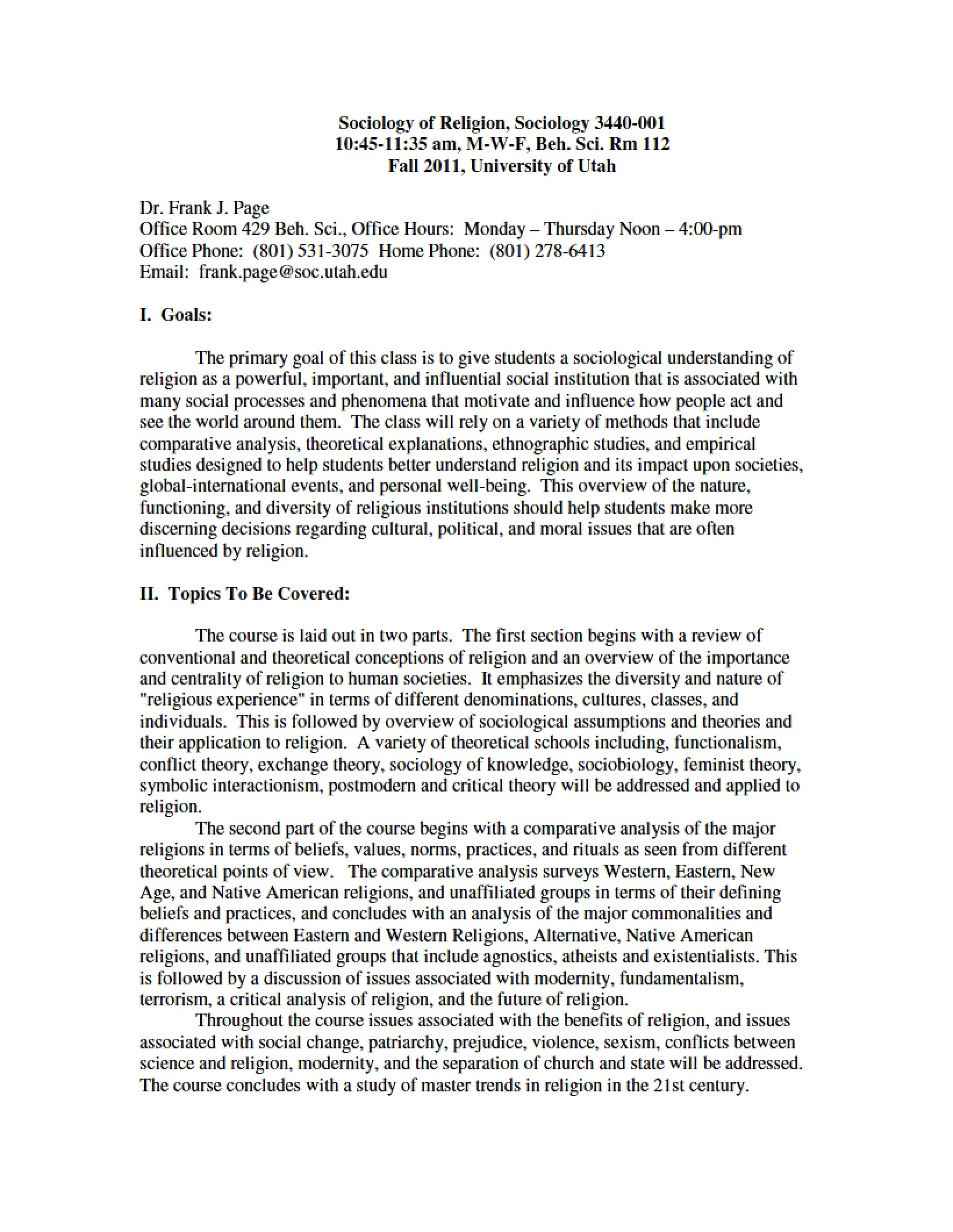 Sociology of Religion Course Syllabus