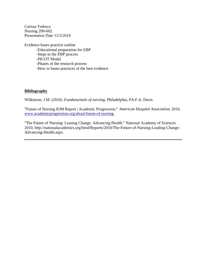 Educational Outline for Evidence-Based Practice in Nursing