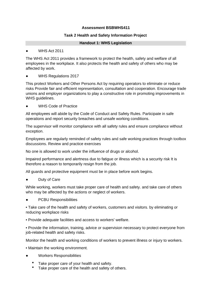 Legislation on WHS