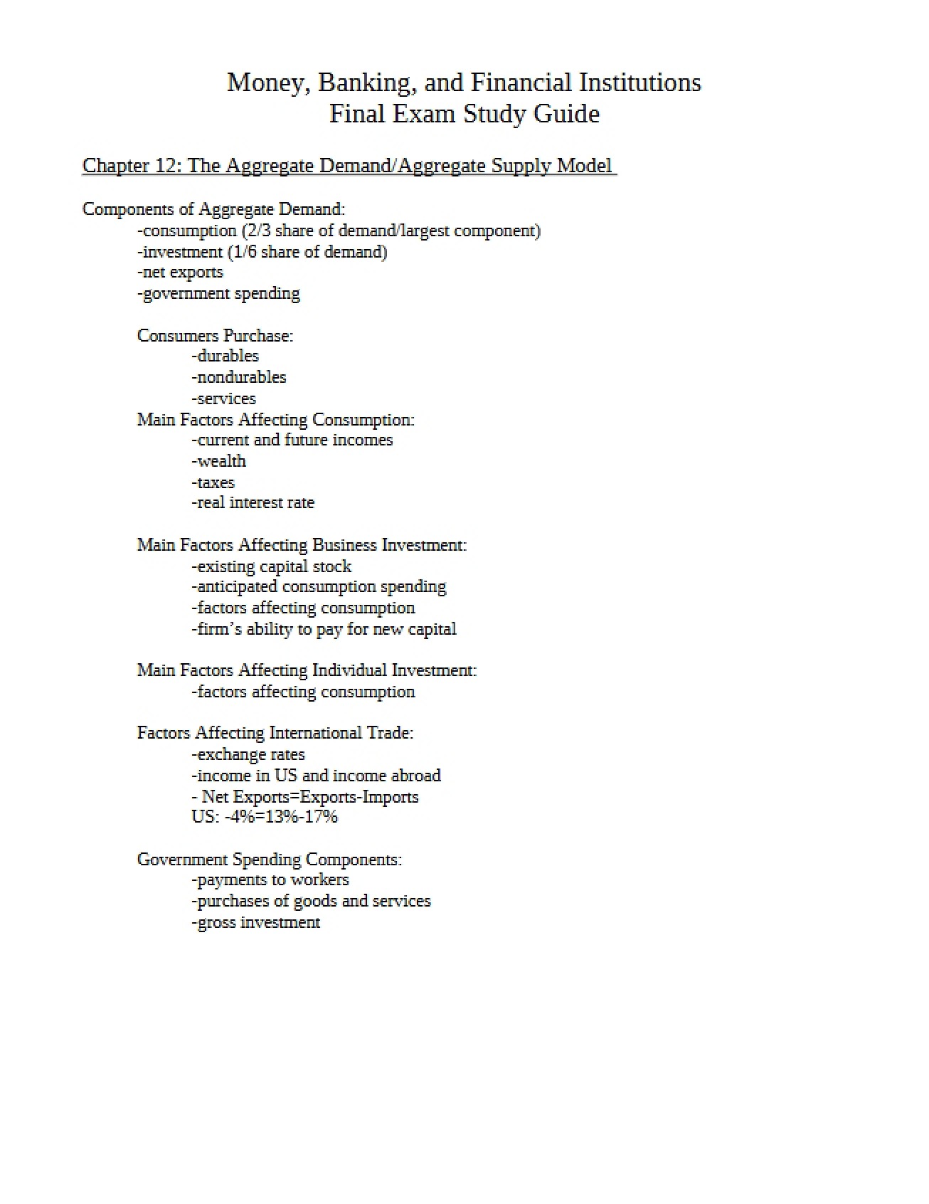 Final Exam Study Guide for Money and Banking