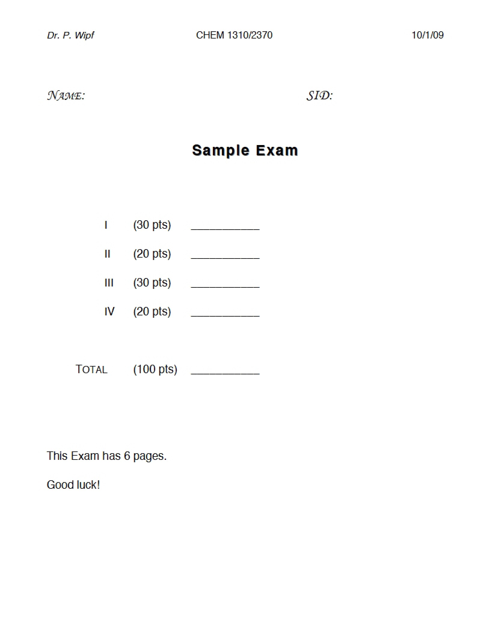 Synthetic Organic Sample Exam