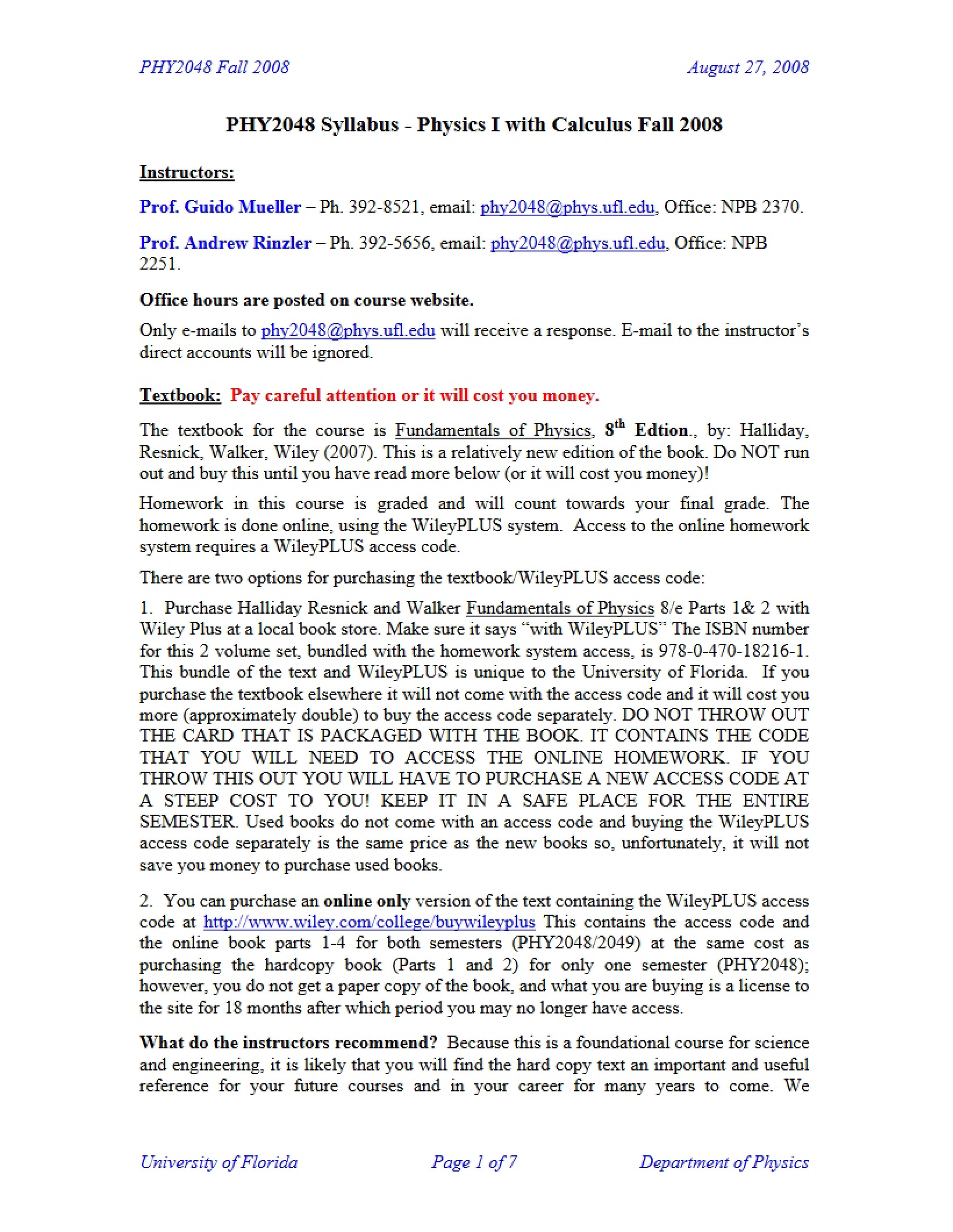 Physics I Course Syllabus